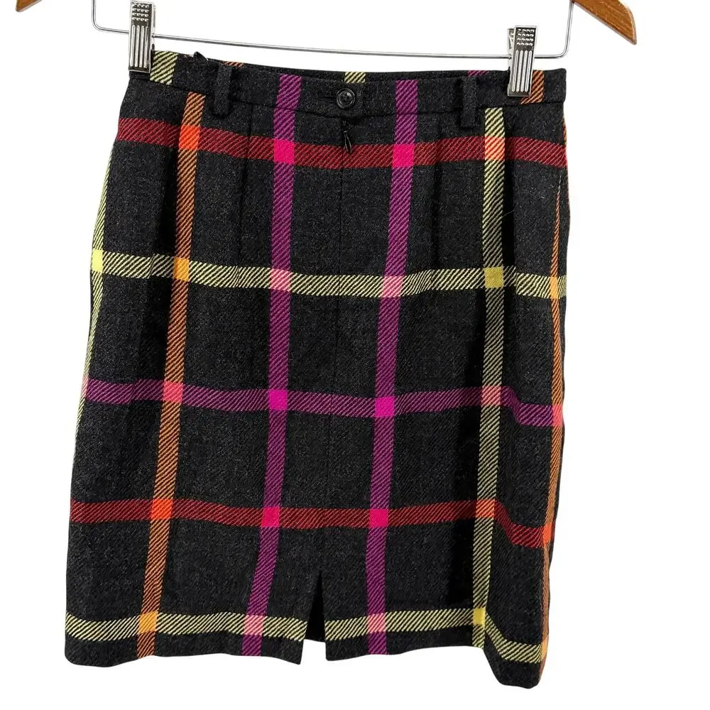 Vintage 90s Mondi Charcoal Wool Neon Plaid Pencil Mini Skirt